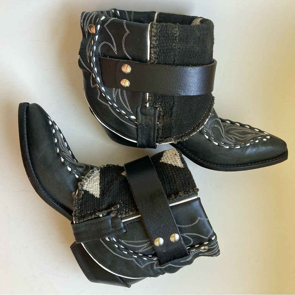 Canty Dan Post Black Leather & Textile Boho Short Ankle Western Cowboy Boots 7.5 - Picture 4 of 16